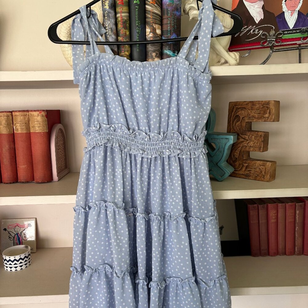 Rare Editions Polka Dot Blue Dress w/ Smocked Waist - Size Girl 10